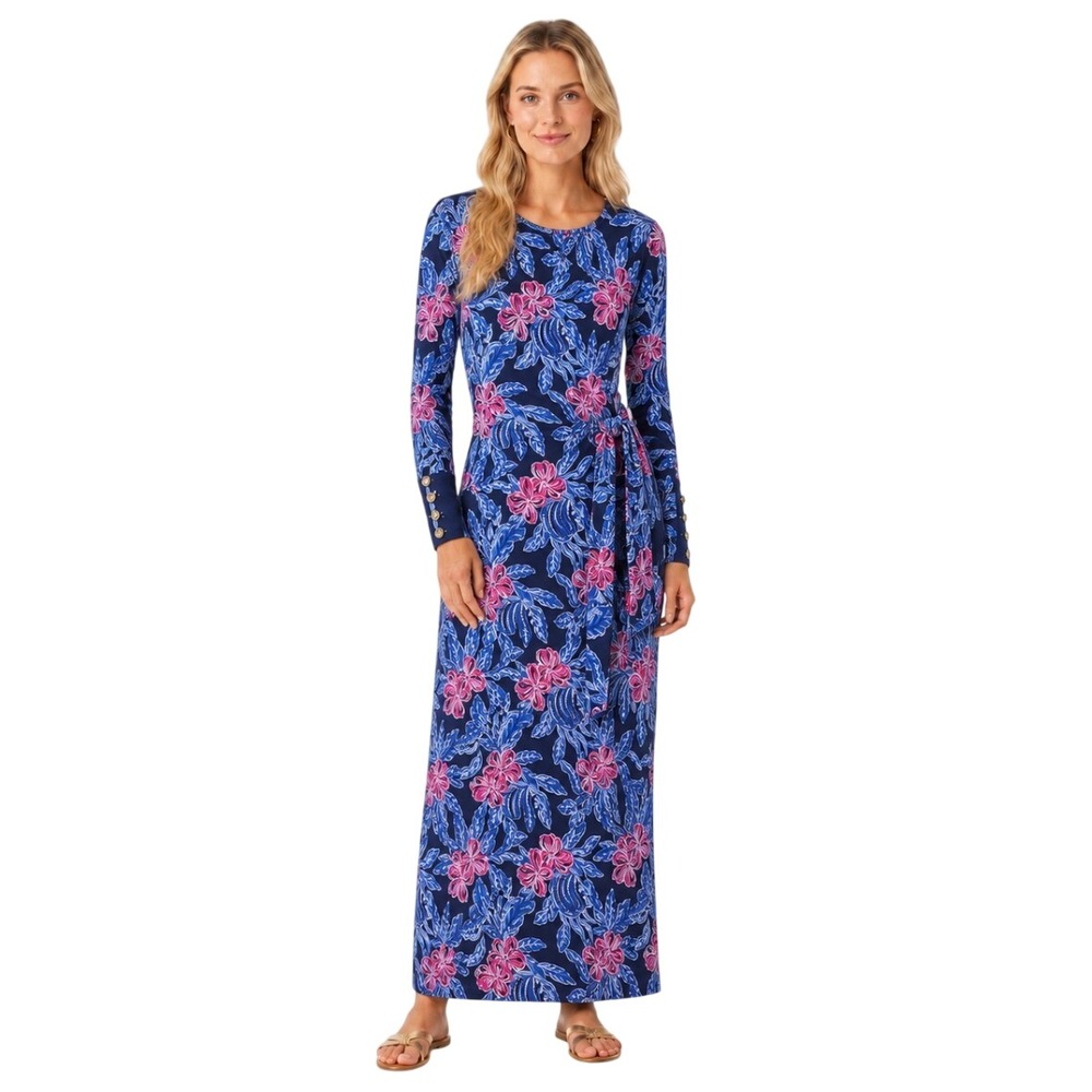 NWT Lilly Pulitzer Bryson Long Sleeve Maxi Dress Low Tide Navy Floral Pink M